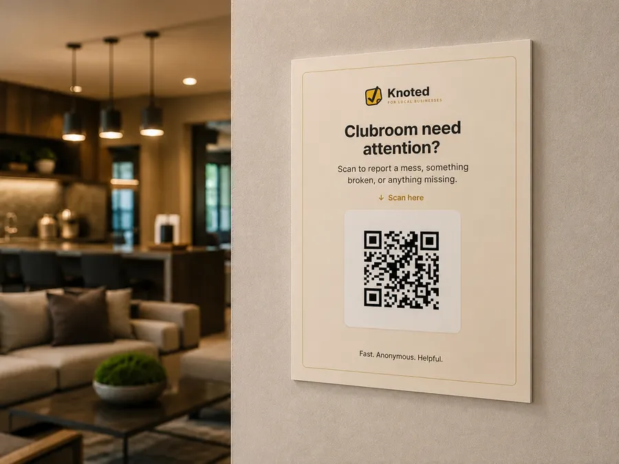 Knoted QR sign on a clubroom wall