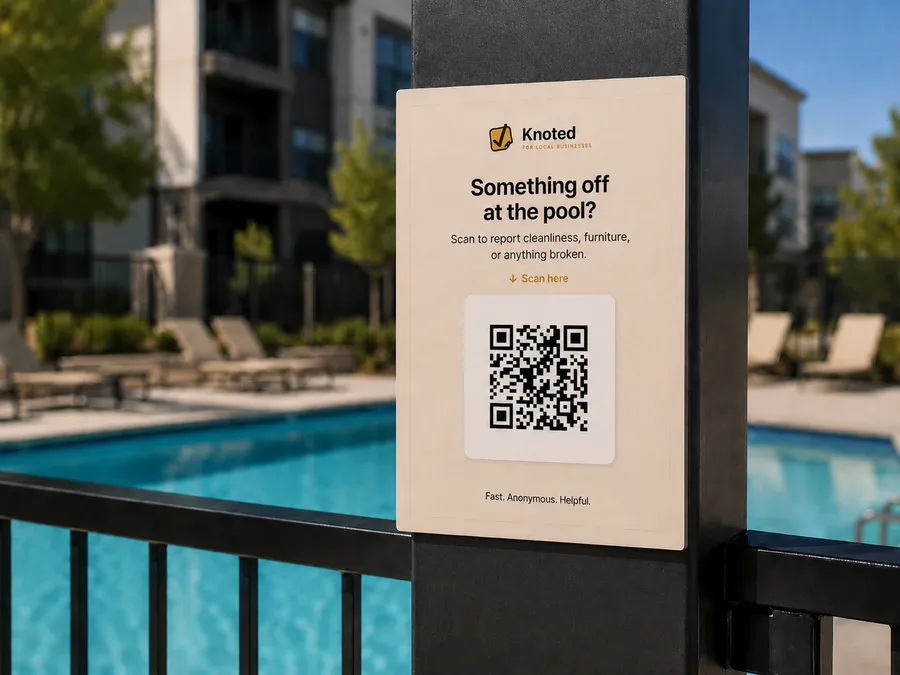 Knoted QR sign at an apartment pool deck